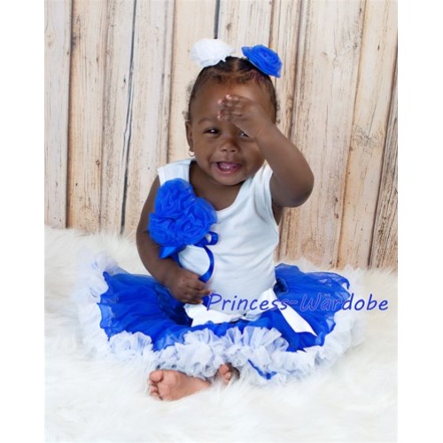 White Baby Pettitop with Bunch of Royal Blue Rosettes & Royal Blue Ribbon with Royal Blue White Baby Pettiskirt NG901 